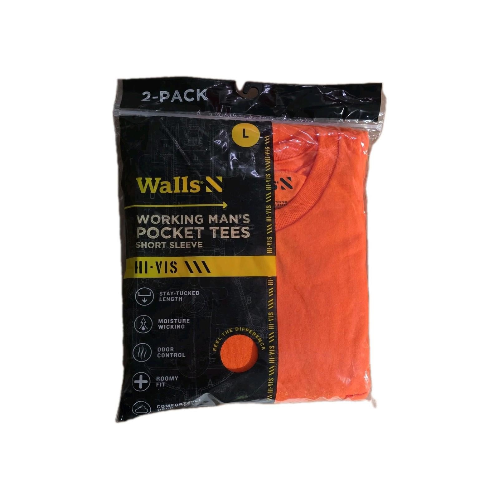 Walls Short Sleeve Working Man's Pocket Tees LARGE Hi Visible Orange 2 Pack New